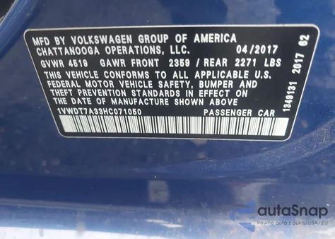 2017 Volkswagen Passat 1.8T R-Line from USA, damaged, VIN 1VWDT7A33HC071050